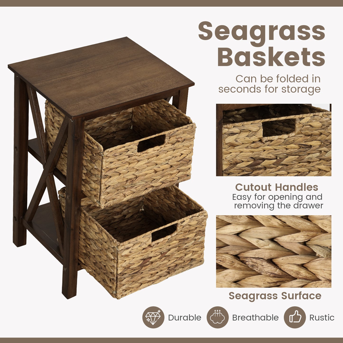 2 Tier Nightstand with Seagrass Baskets and X Design Frame