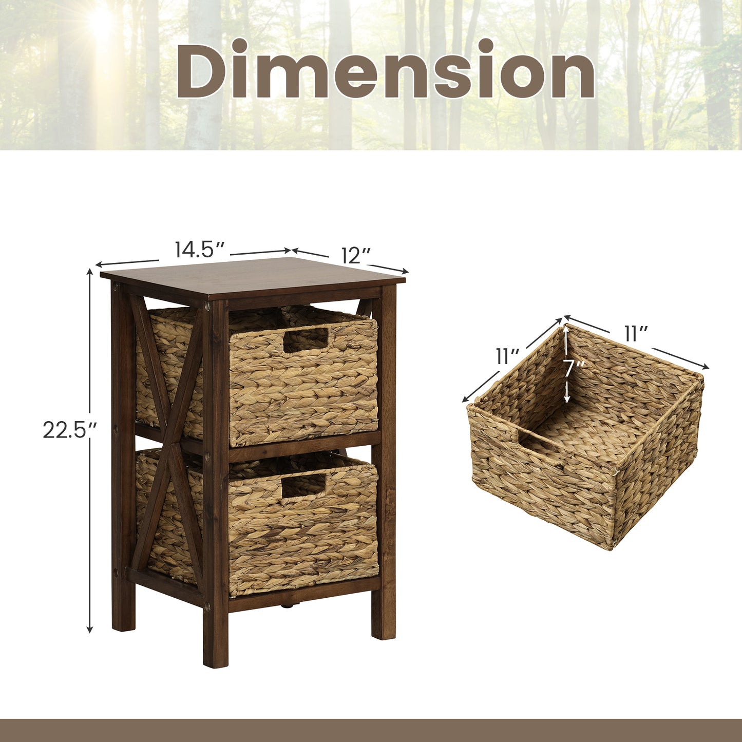 2 Tier Nightstand with Seagrass Baskets and X Design Frame