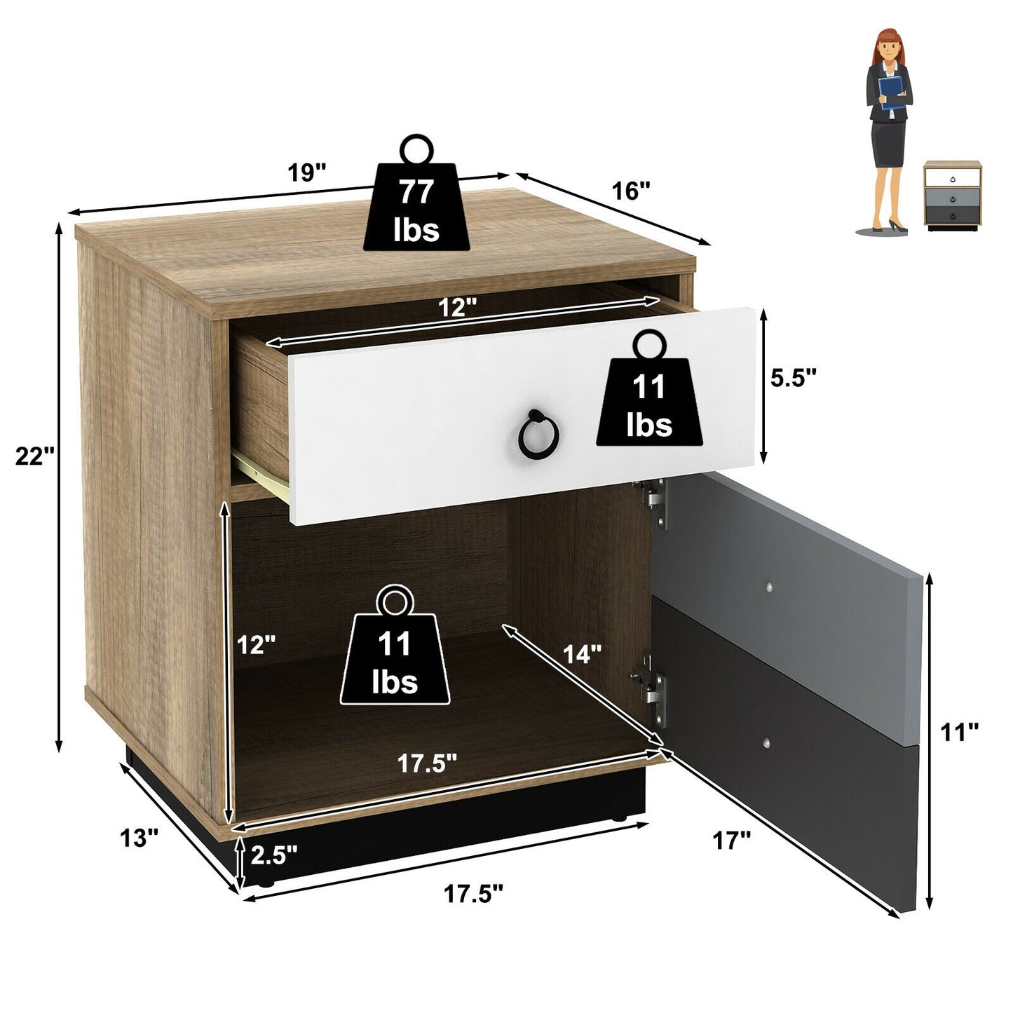 Wooden Nightstand with Drawer and Storage Cabinet Modern Sofa Side Table