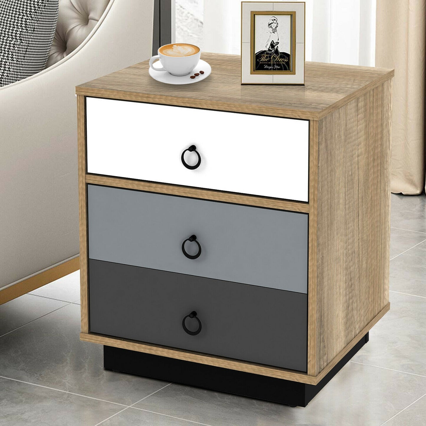 Wooden Nightstand with Drawer and Storage Cabinet Modern Sofa Side Table