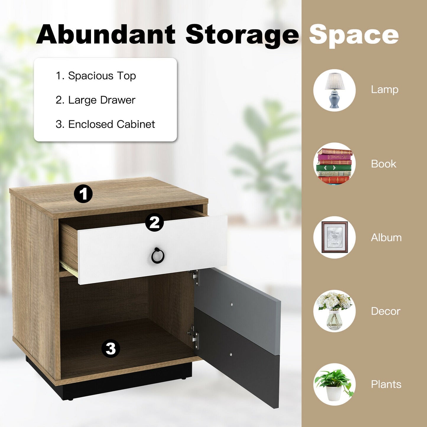 Wooden Nightstand with Drawer and Storage Cabinet Modern Sofa Side Table
