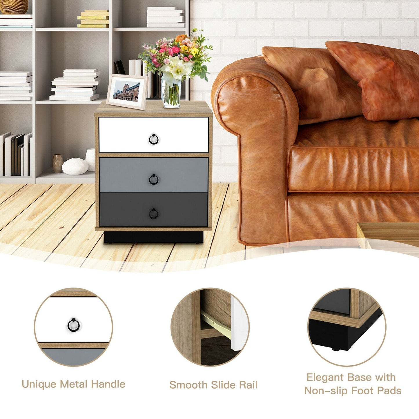 Wooden Nightstand with Drawer and Storage Cabinet Modern Sofa Side Table