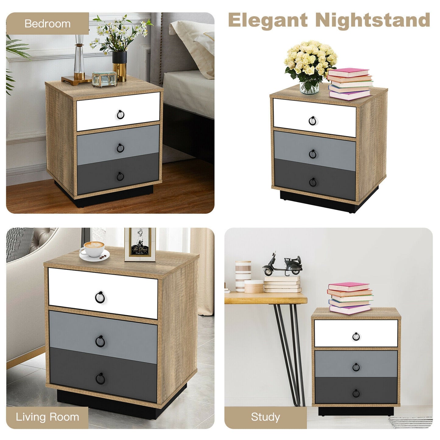 Wooden Nightstand with Drawer and Storage Cabinet Modern Sofa Side Table
