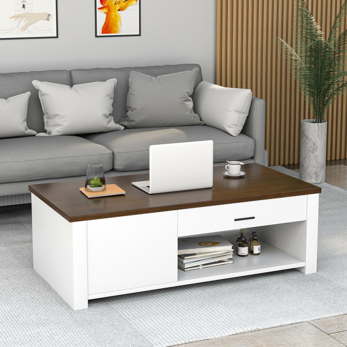Multi-Storage Coffee Table with Compartments, Drawers, and Durable Wood Construction