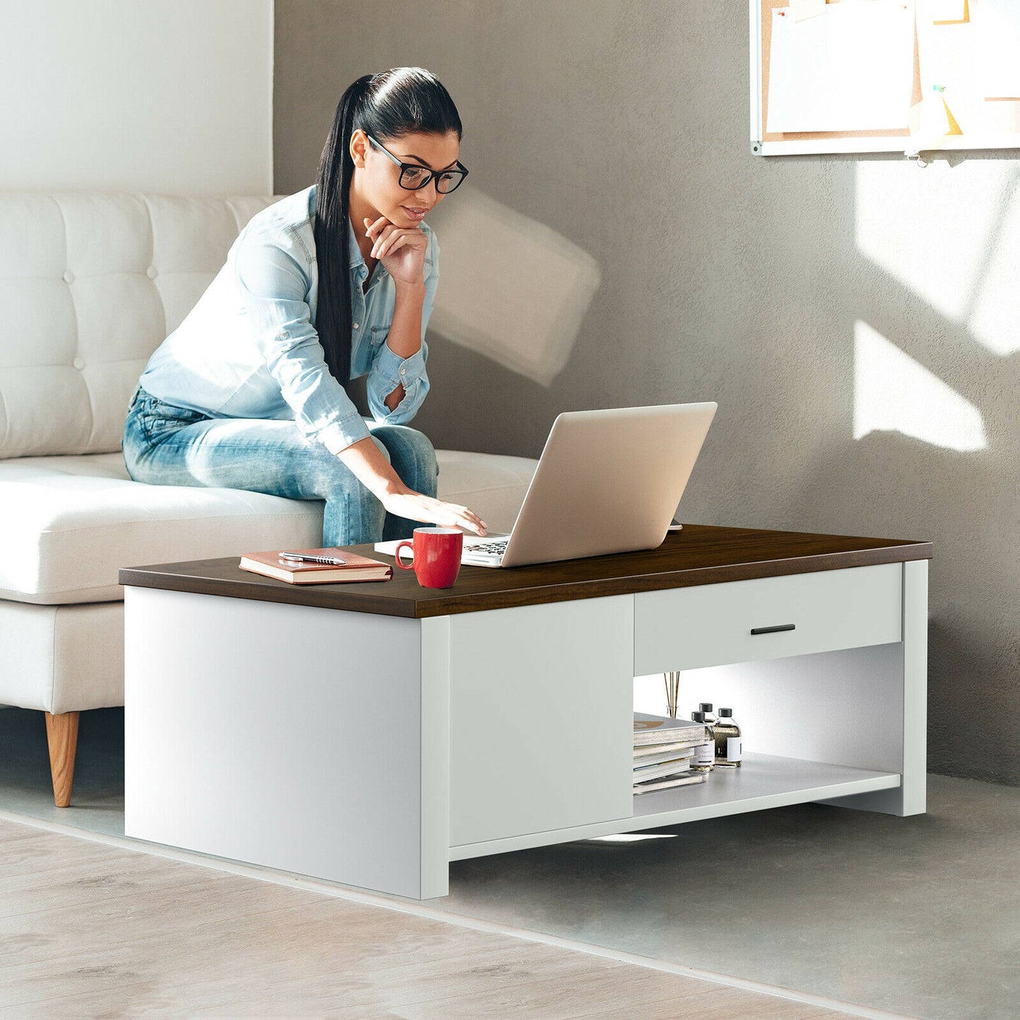 Multi-Storage Coffee Table with Compartments, Drawers, and Durable Wood Construction