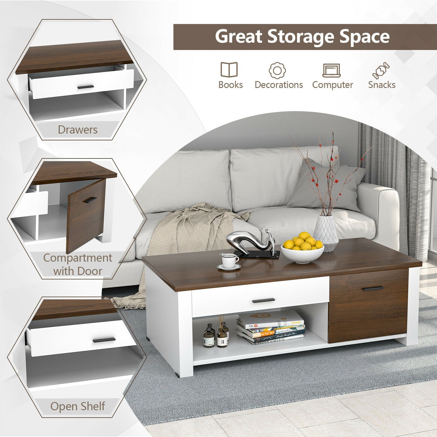 Multi-Storage Coffee Table with Compartments, Drawers, and Durable Wood Construction