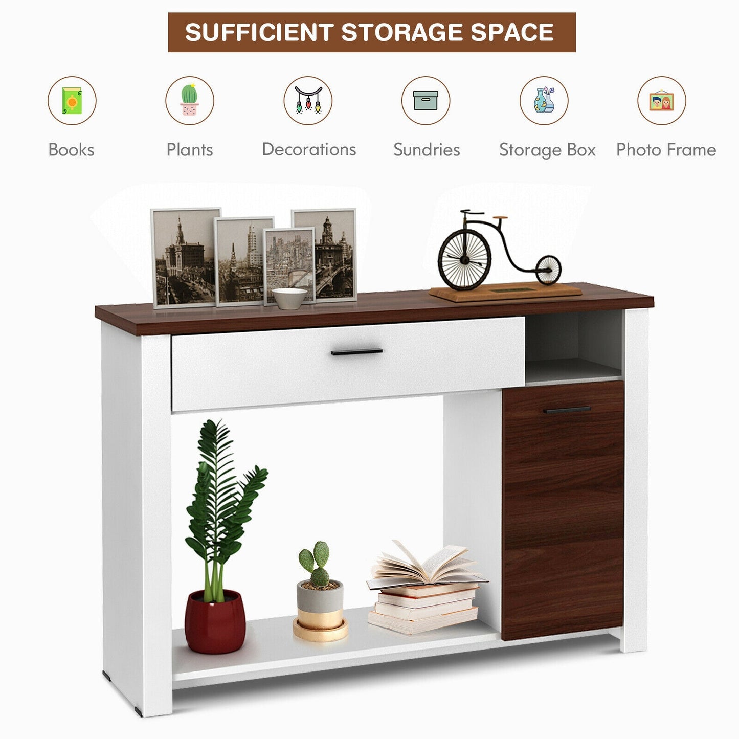 Wood Console Table with Drawer Cabinet and Bottom Shelf for Entryway or Living Room