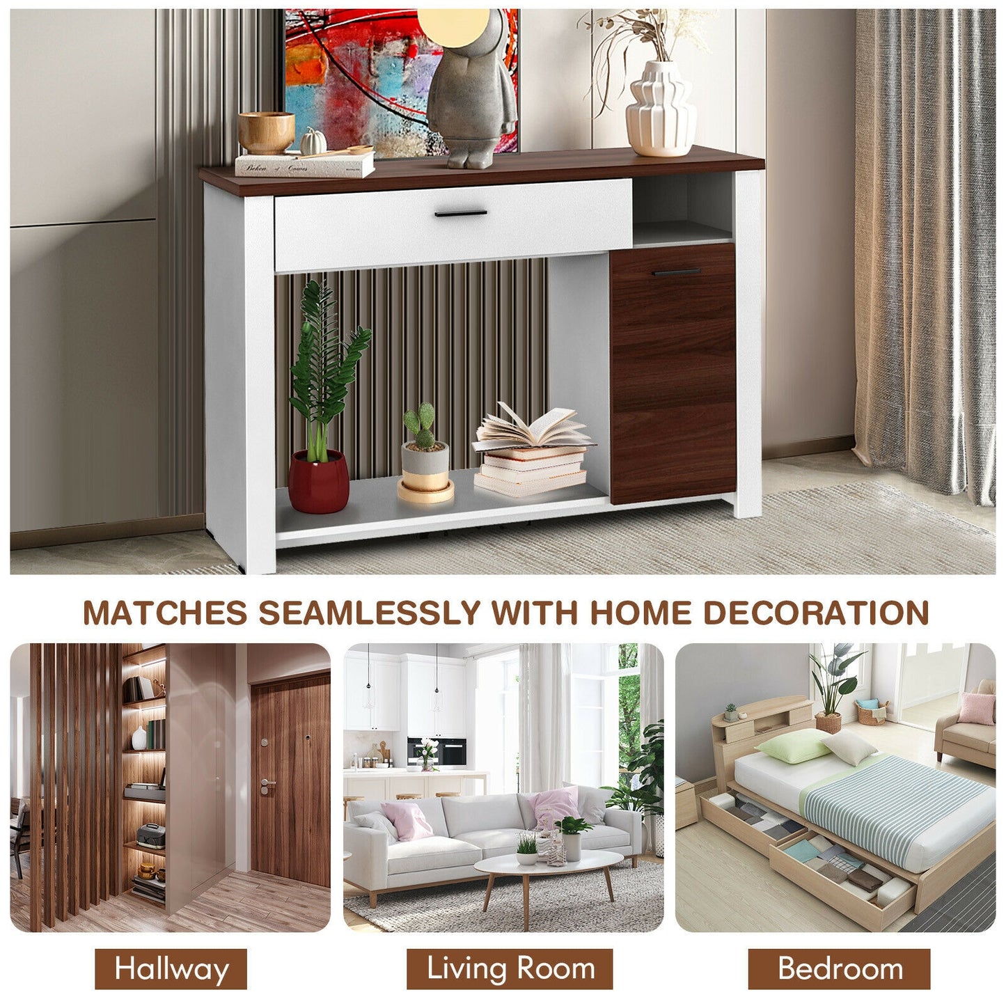 Wood Console Table with Drawer Cabinet and Bottom Shelf for Entryway or Living Room