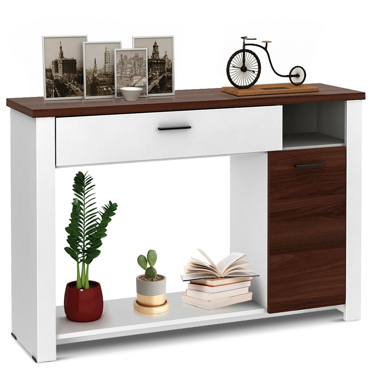 Wood Console Table with Drawer Cabinet and Bottom Shelf for Entryway or Living Room