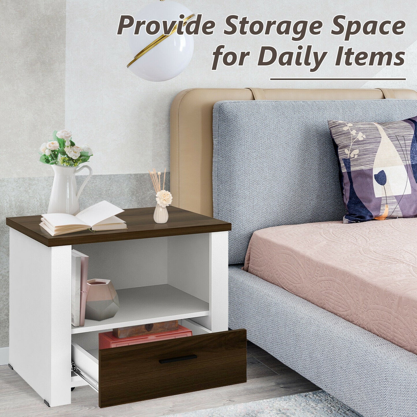 Modern Accent Nightstand with Drawer and Open Shelf for Bedroom or Living Room