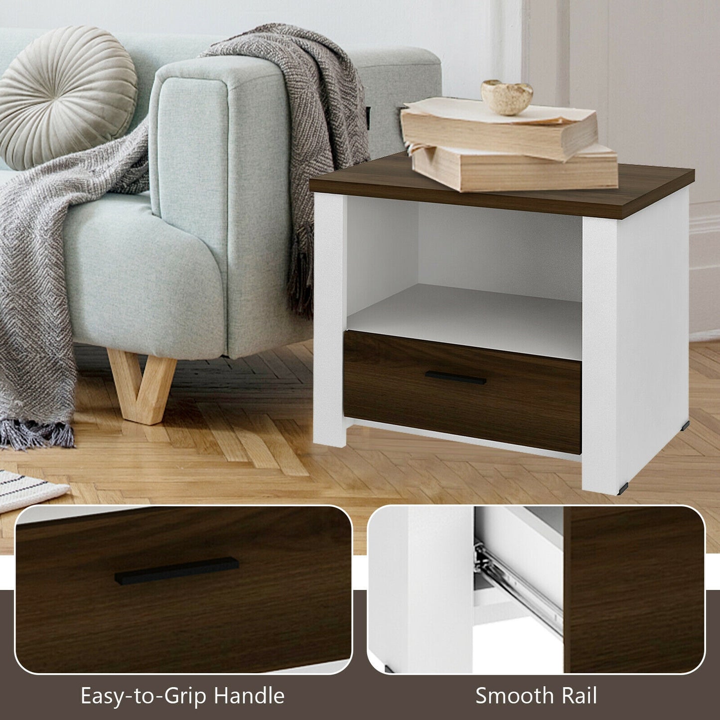 Modern Accent Nightstand with Drawer and Open Shelf for Bedroom or Living Room