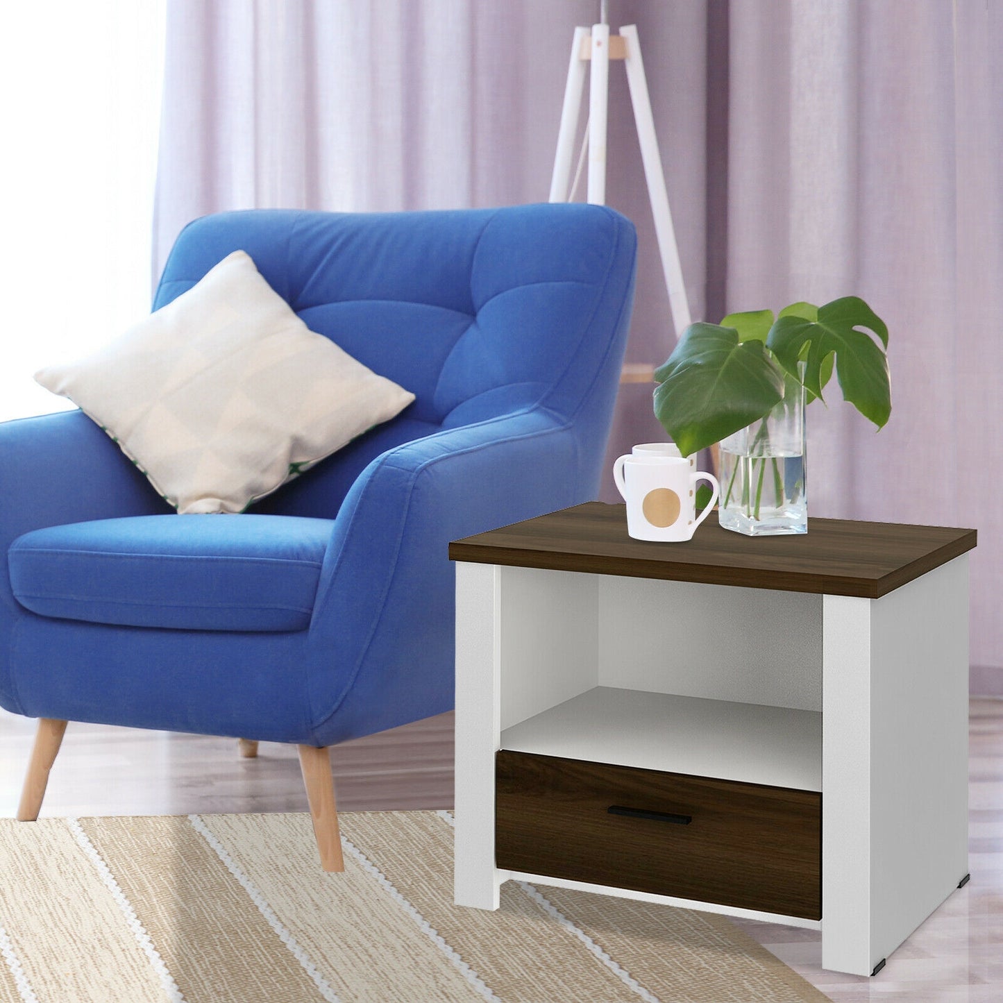 Modern Accent Nightstand with Drawer and Open Shelf for Bedroom or Living Room