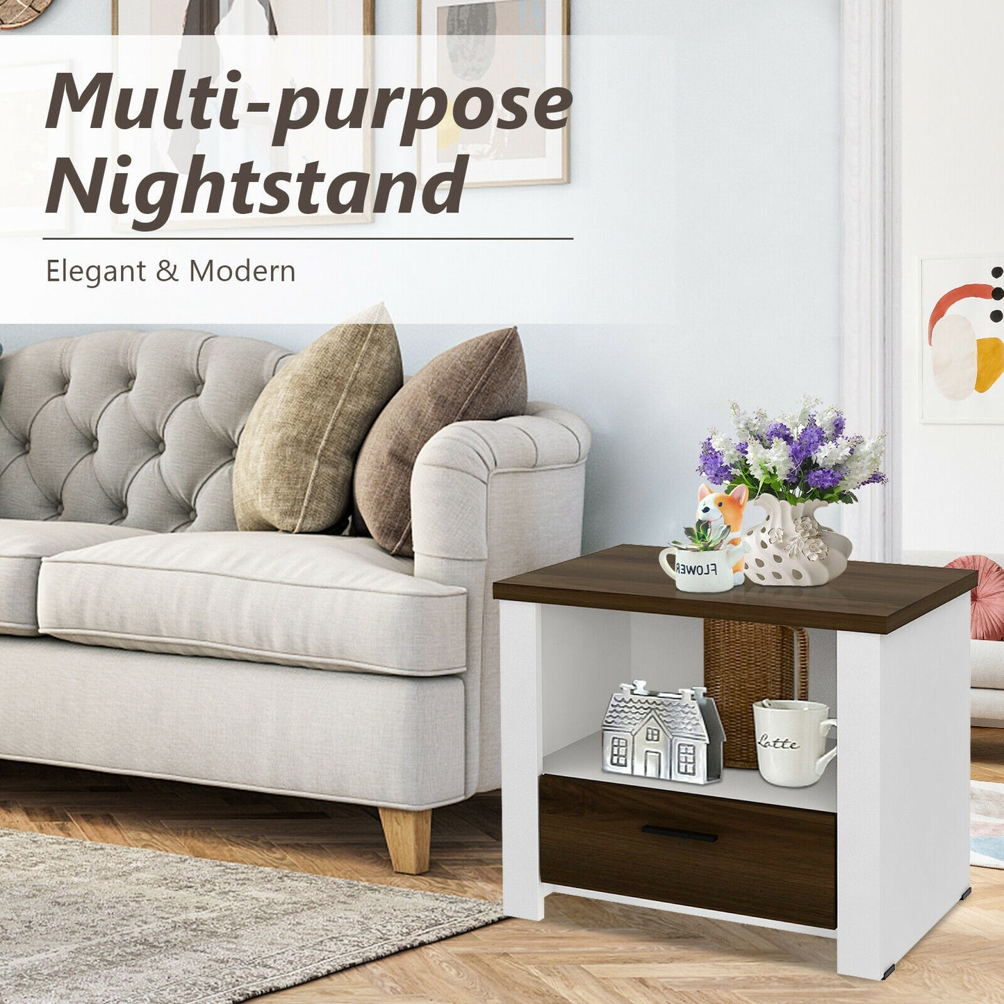 Modern Accent Nightstand with Drawer and Open Shelf for Bedroom or Living Room