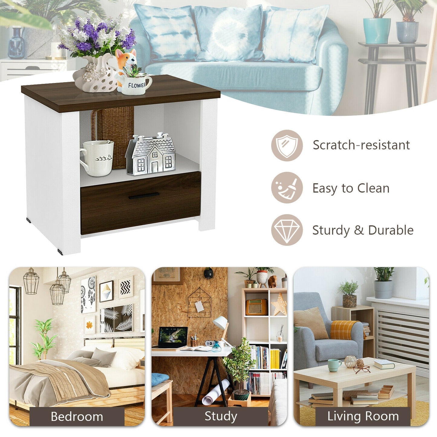 Modern Accent Nightstand with Drawer and Open Shelf for Bedroom or Living Room