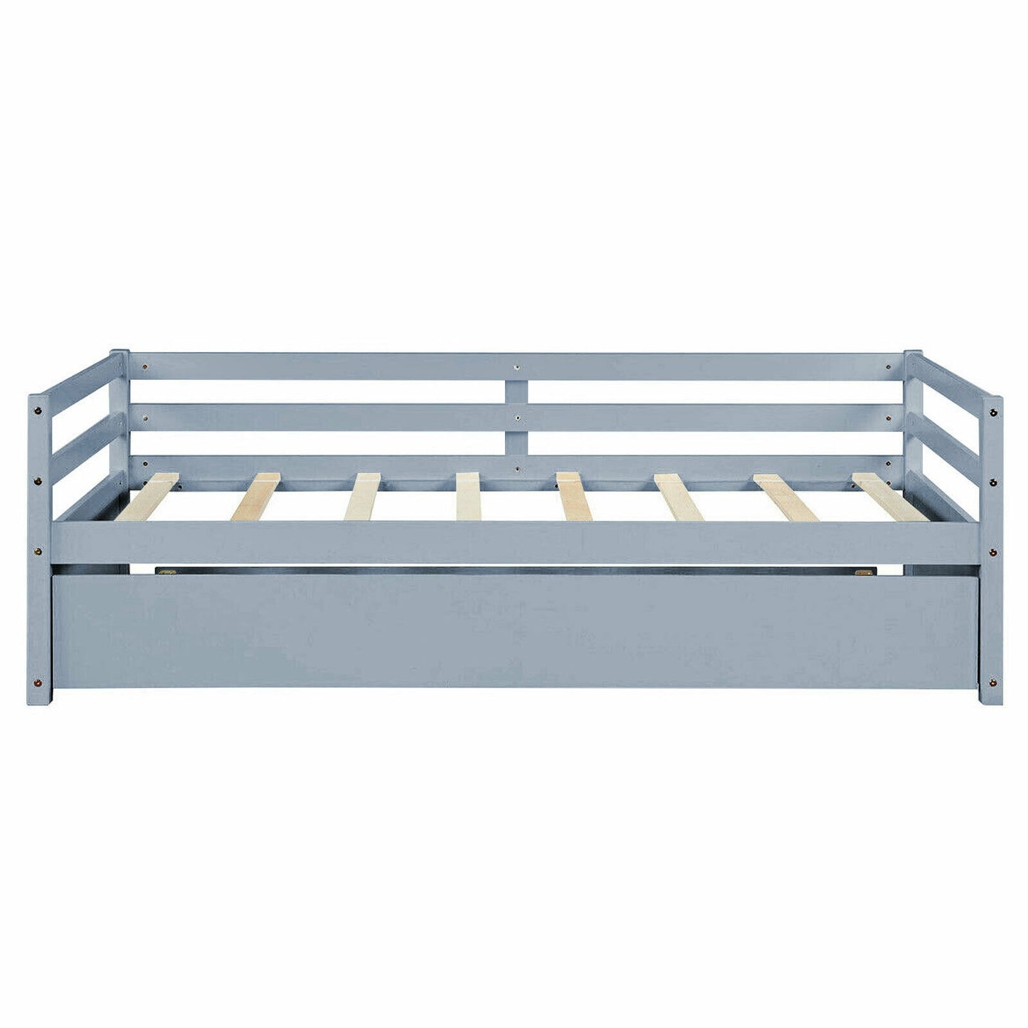 Space Saving Twin Daybed with Pull Out Trundle and Sturdy Wood Slat Frame - Grey