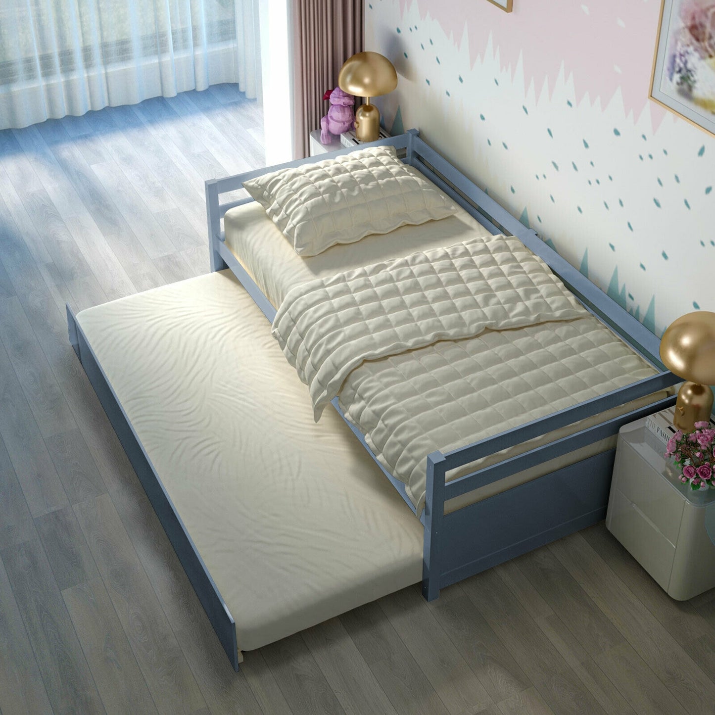 Space Saving Twin Daybed with Pull Out Trundle and Sturdy Wood Slat Frame - Grey