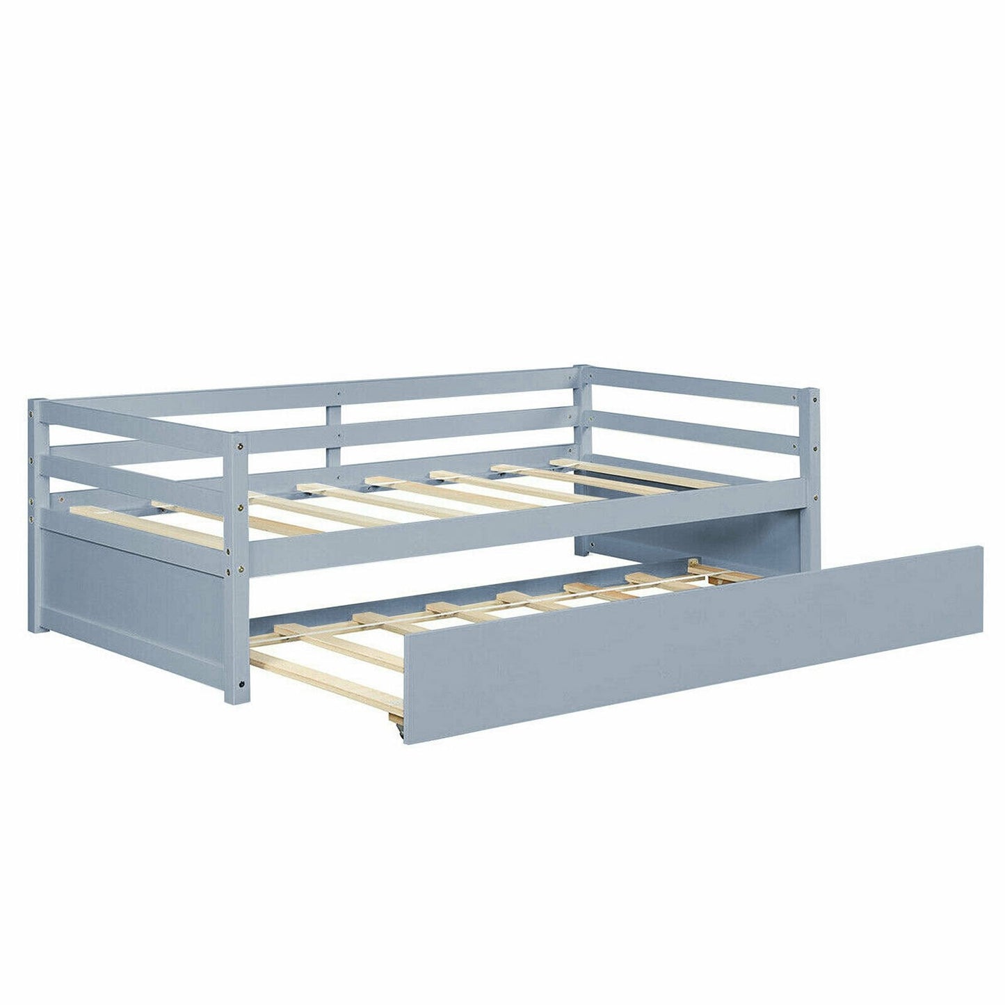 Space Saving Twin Daybed with Pull Out Trundle and Sturdy Wood Slat Frame - Grey