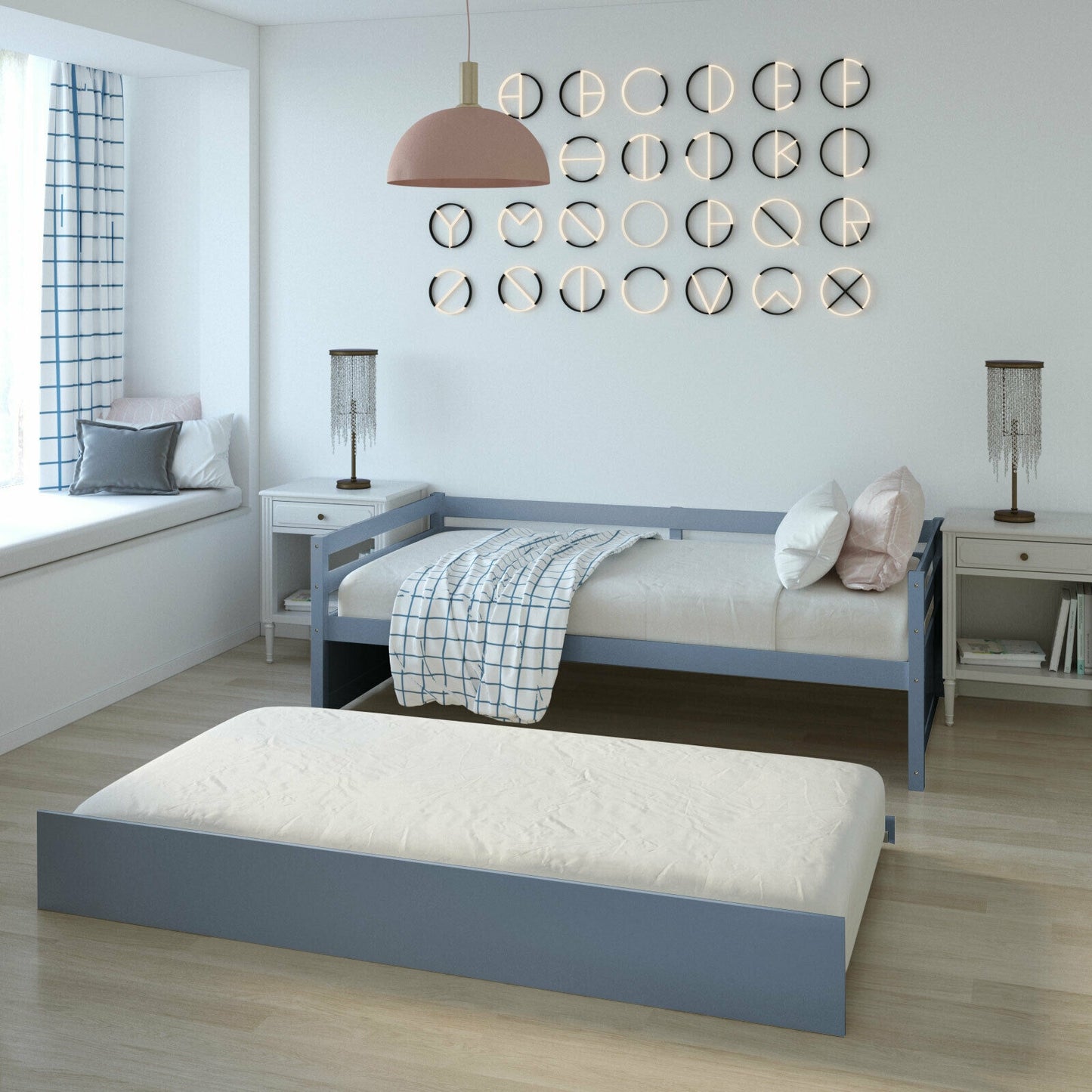 Space Saving Twin Daybed with Pull Out Trundle and Sturdy Wood Slat Frame - Grey