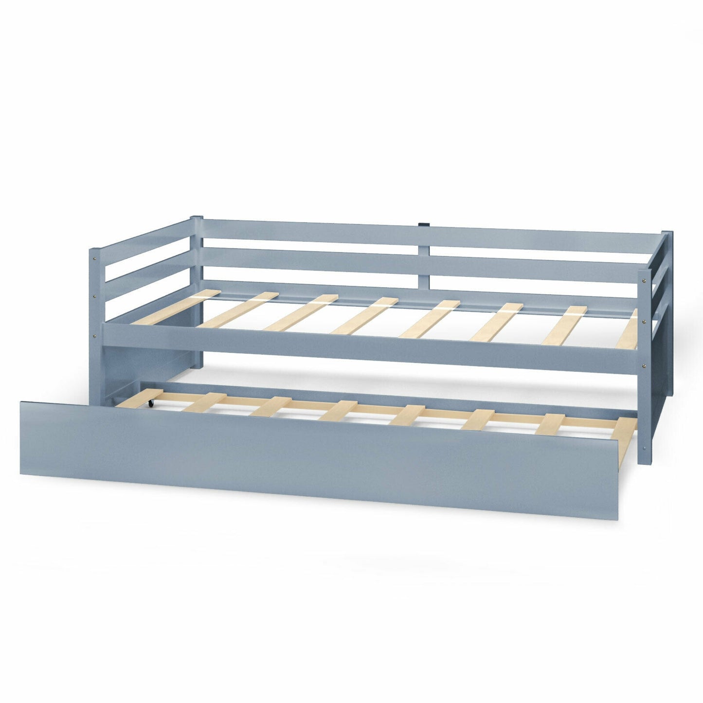 Space Saving Twin Daybed with Pull Out Trundle and Sturdy Wood Slat Frame - Grey