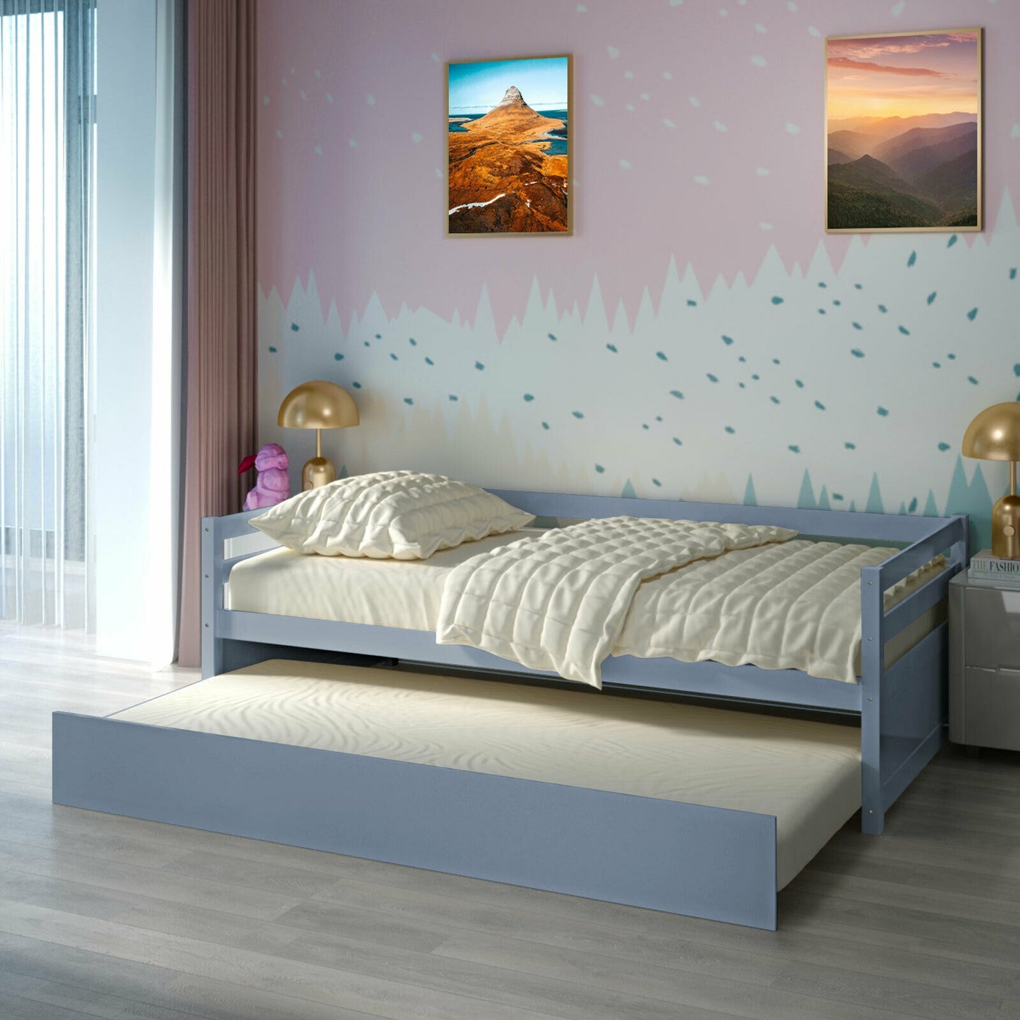Space Saving Twin Daybed with Pull Out Trundle and Sturdy Wood Slat Frame - Grey