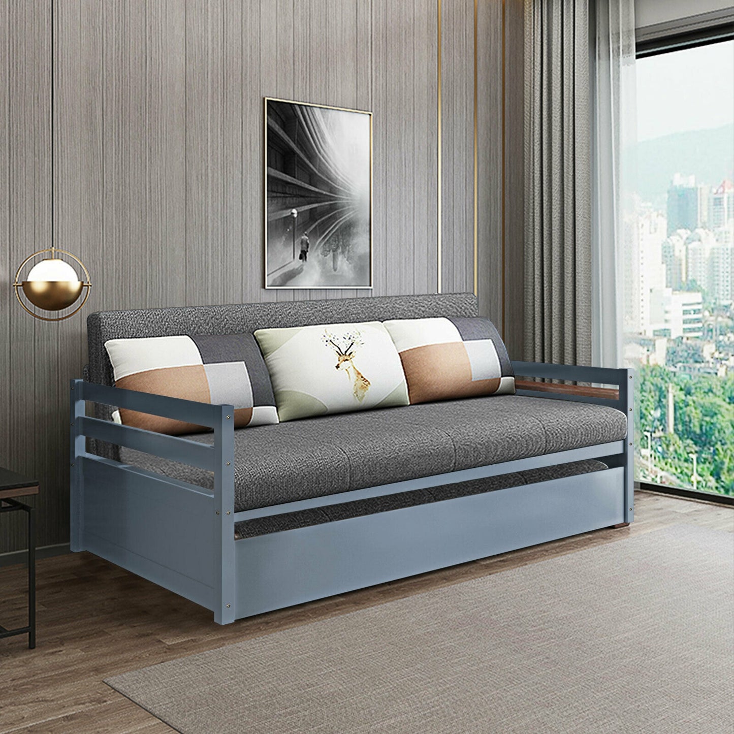 Space Saving Twin Daybed with Pull Out Trundle and Sturdy Wood Slat Frame - Grey