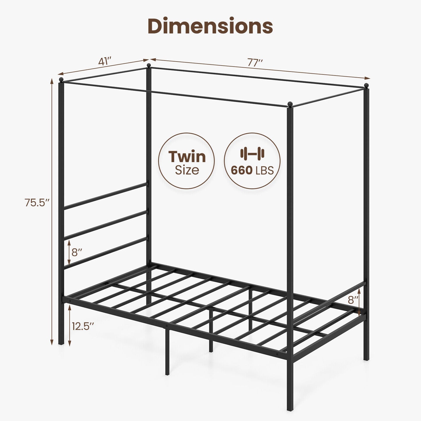 Elegant Metal Canopy Bed Frame with Slat Support – Twin Size
