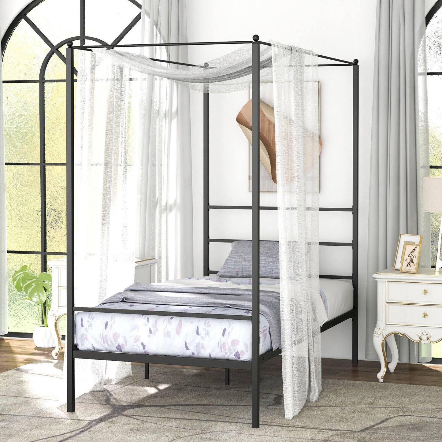 Elegant Metal Canopy Bed Frame with Slat Support – Twin Size