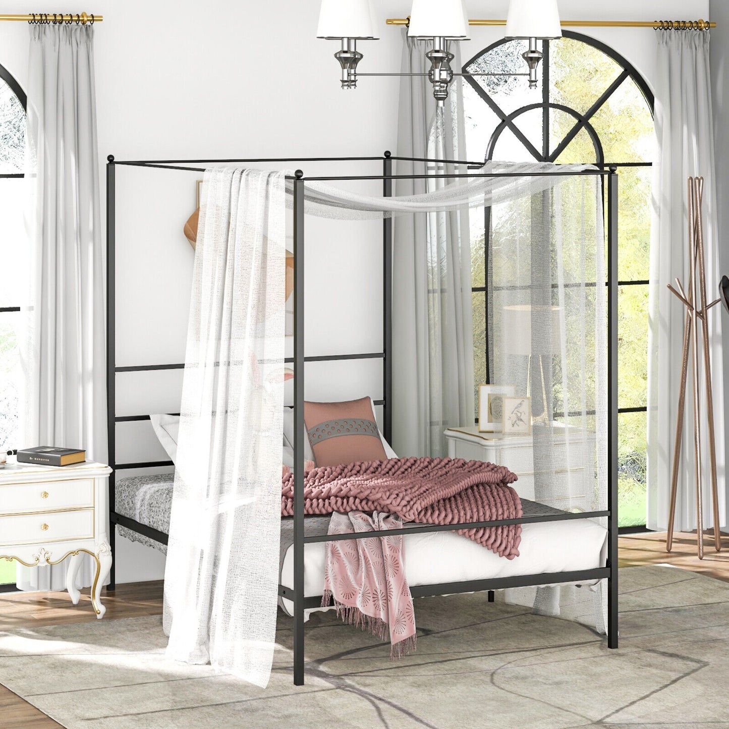 Elegant Metal Canopy Bed Frame with Slat Support – Full Size