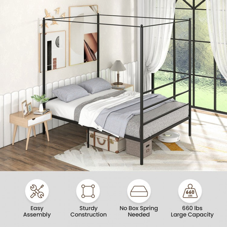 Elegant Metal Canopy Bed Frame with Slat Support – Full Size