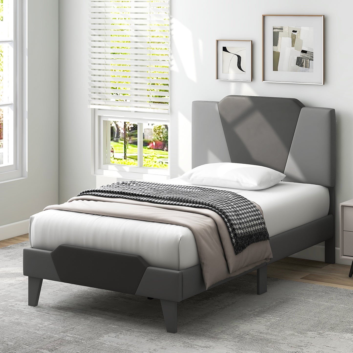 Modern Velvet Upholstered Bed Frame with High Headboard – Twin Size