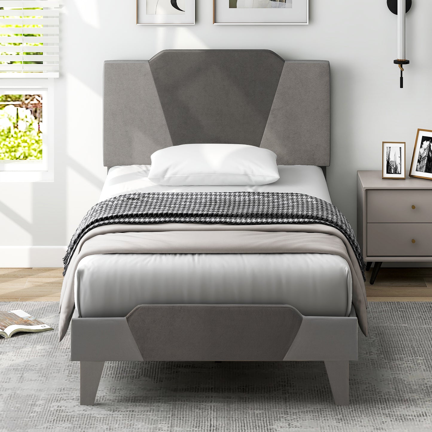 Modern Velvet Upholstered Bed Frame with High Headboard – Twin Size