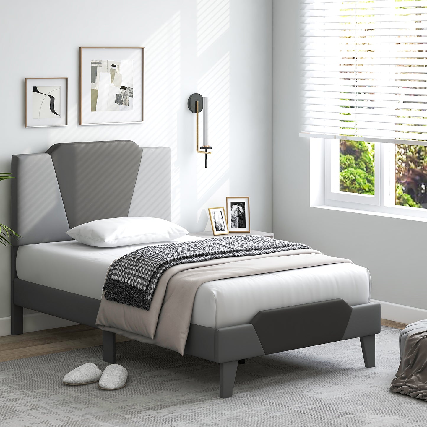 Modern Velvet Upholstered Bed Frame with High Headboard – Twin Size