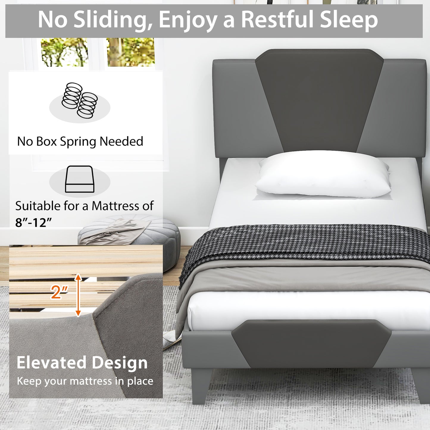 Modern Velvet Upholstered Bed Frame with High Headboard – Twin Size