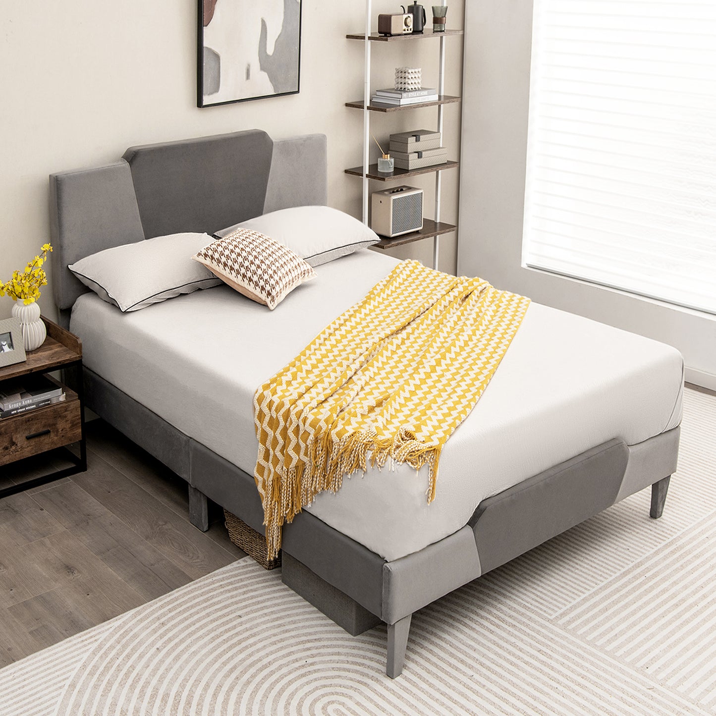 Modern Velvet Upholstered Bed Frame with High Headboard – Full Size