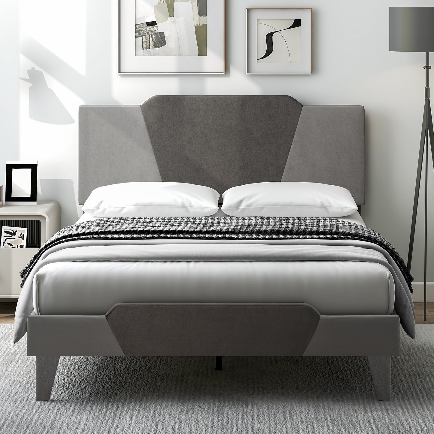 Modern Velvet Upholstered Bed Frame with High Headboard – Full Size