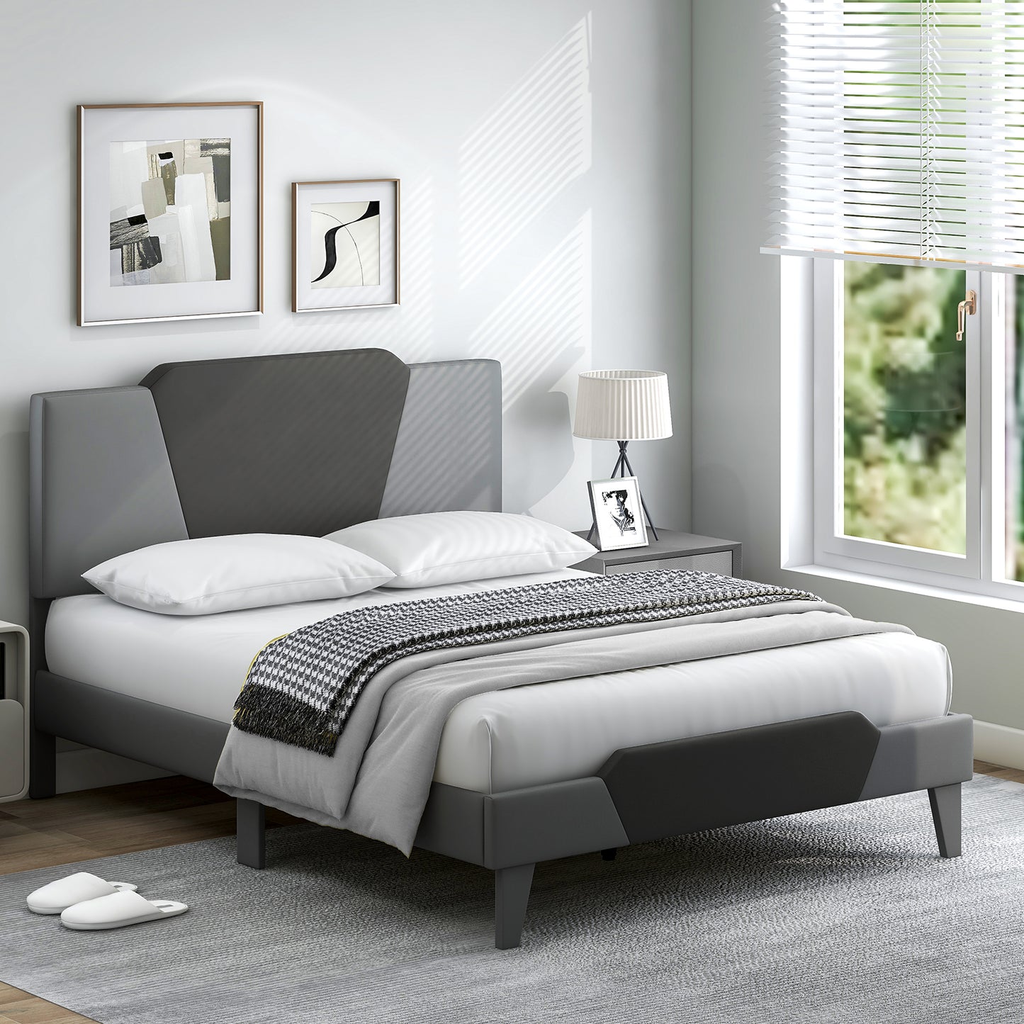 Modern Velvet Upholstered Bed Frame with High Headboard – Full Size