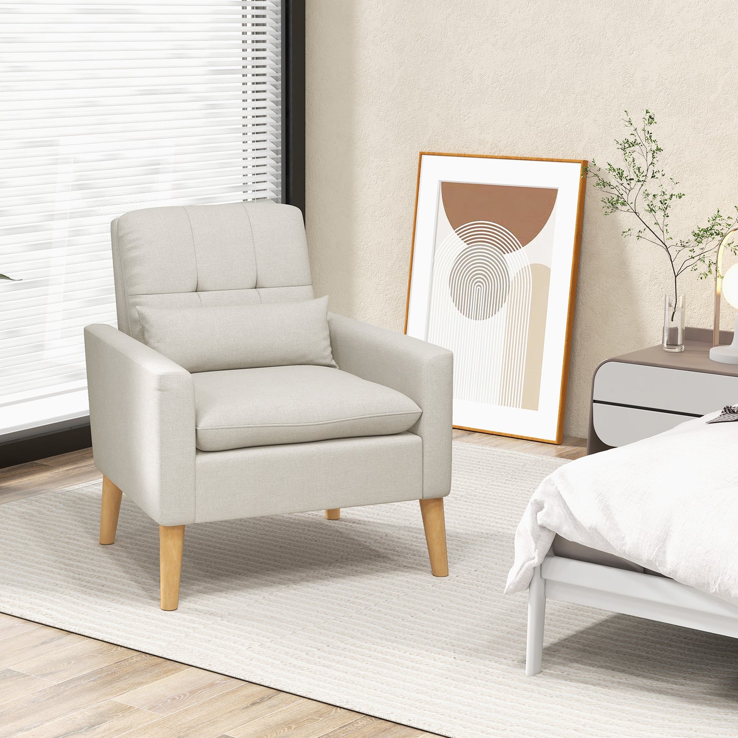 Ergonomic Accent Chair with Lumbar Pillow, Rubber Wood Legs, and Padded Cushions – Beige