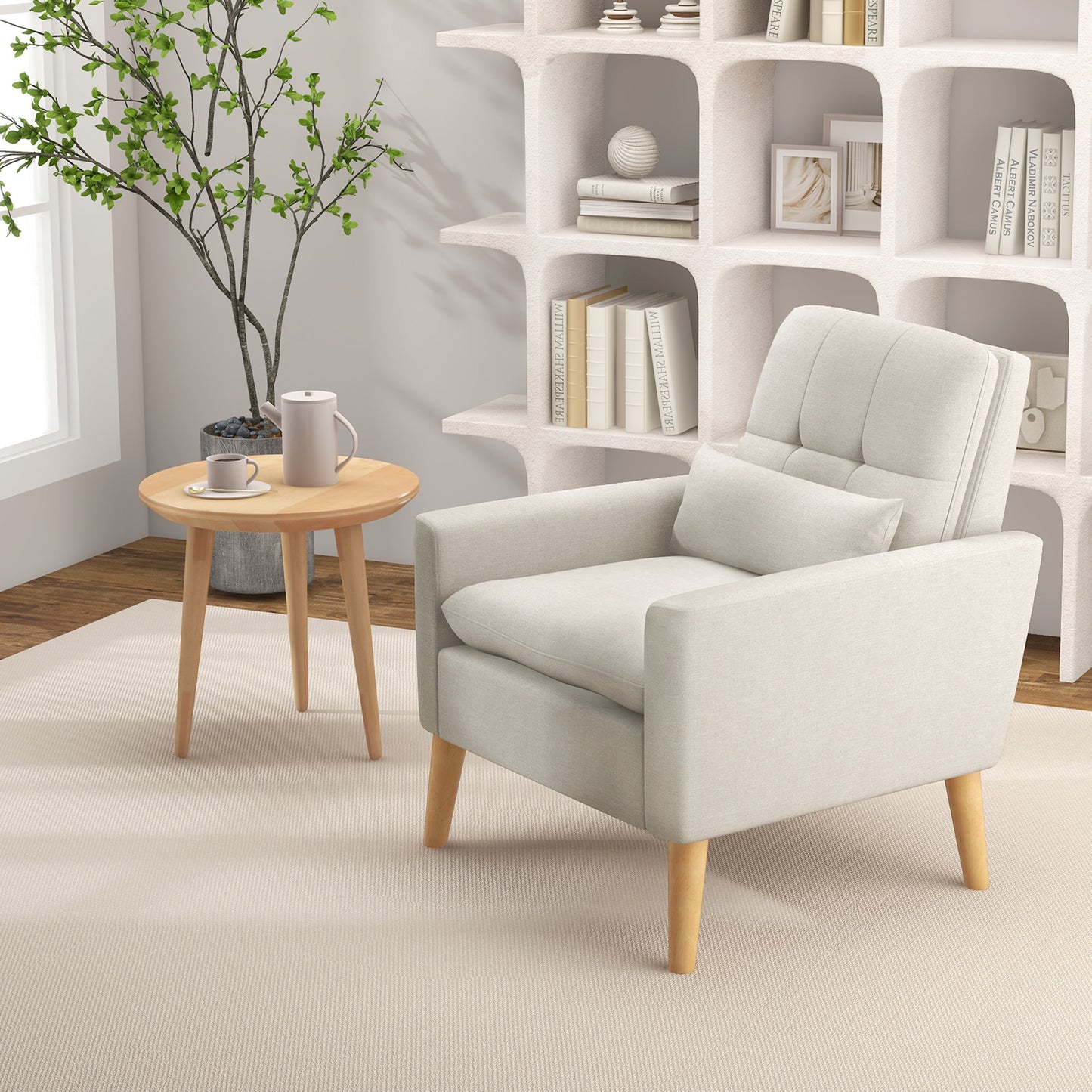 Ergonomic Accent Chair with Lumbar Pillow, Rubber Wood Legs, and Padded Cushions – Beige