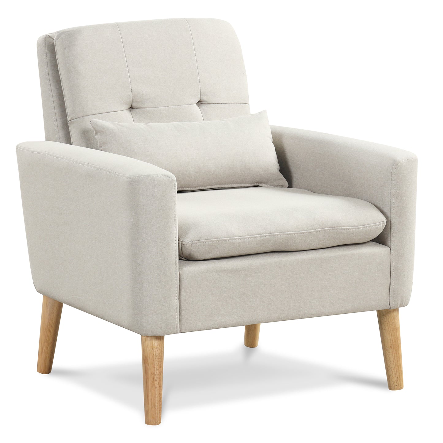 Ergonomic Accent Chair with Lumbar Pillow, Rubber Wood Legs, and Padded Cushions – Beige