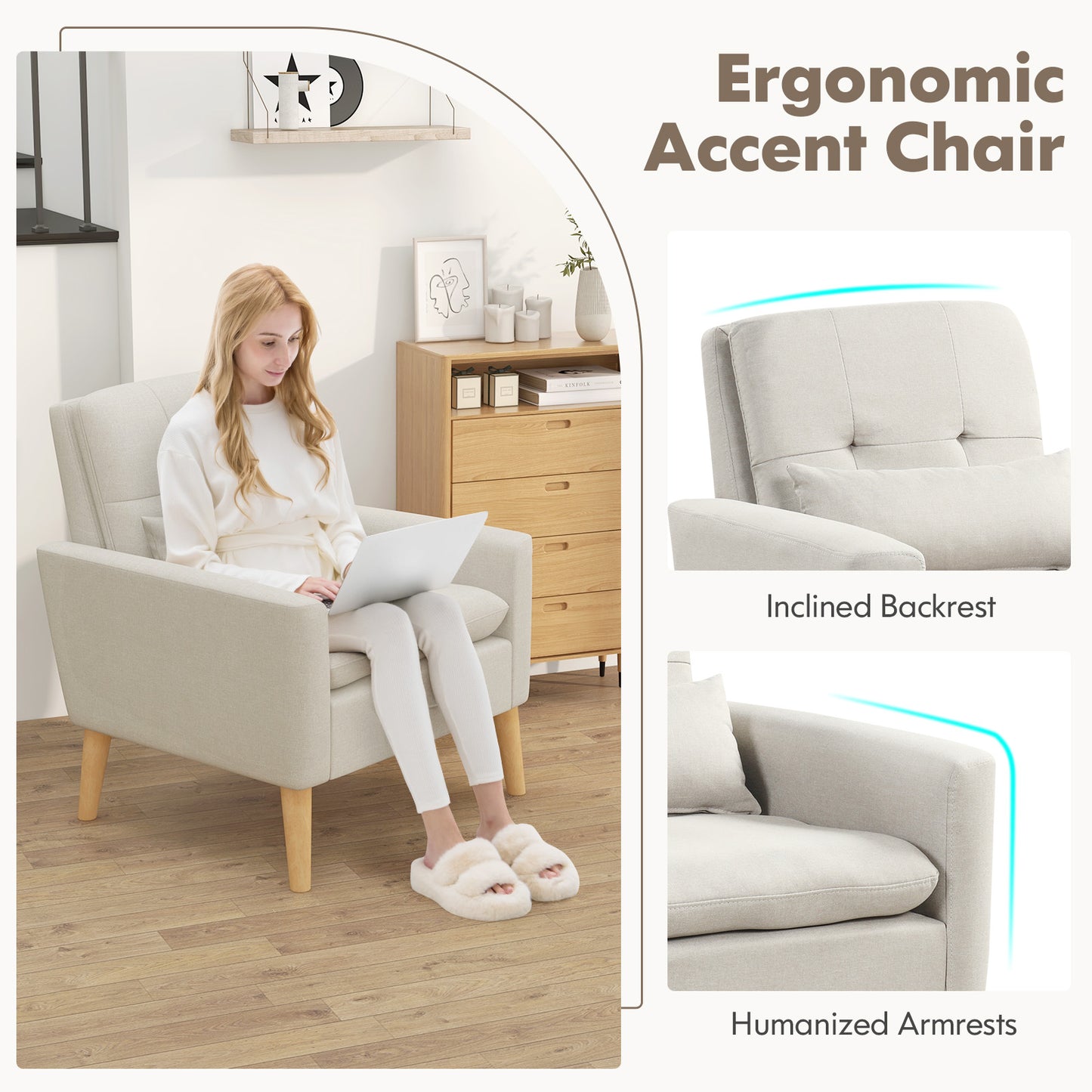 Ergonomic Accent Chair with Lumbar Pillow, Rubber Wood Legs, and Padded Cushions – Beige