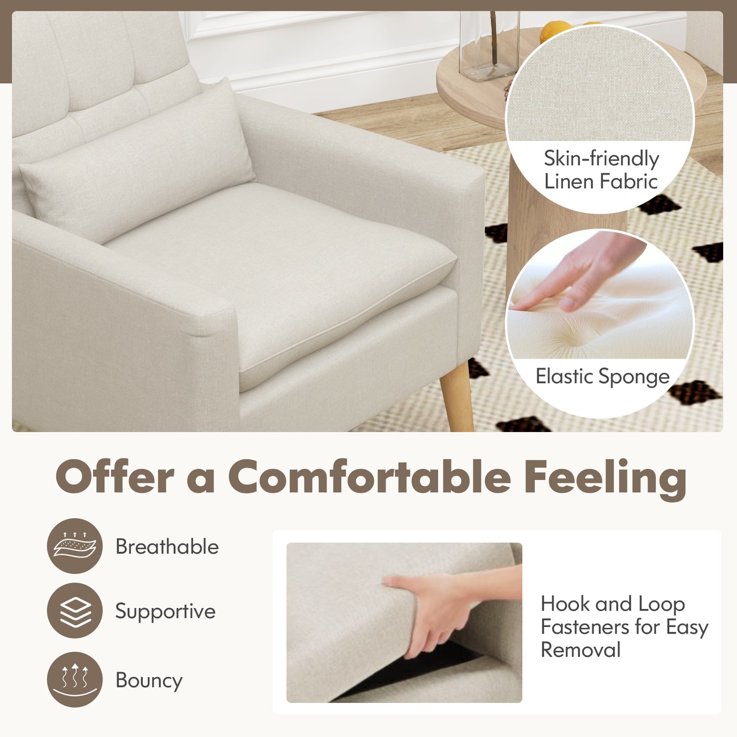 Ergonomic Accent Chair with Lumbar Pillow, Rubber Wood Legs, and Padded Cushions – Beige
