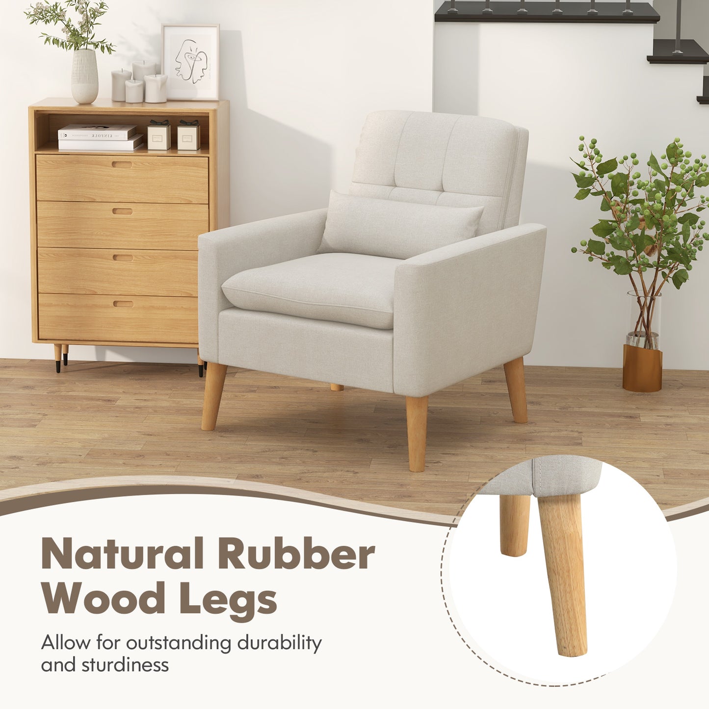 Ergonomic Accent Chair with Lumbar Pillow, Rubber Wood Legs, and Padded Cushions – Beige