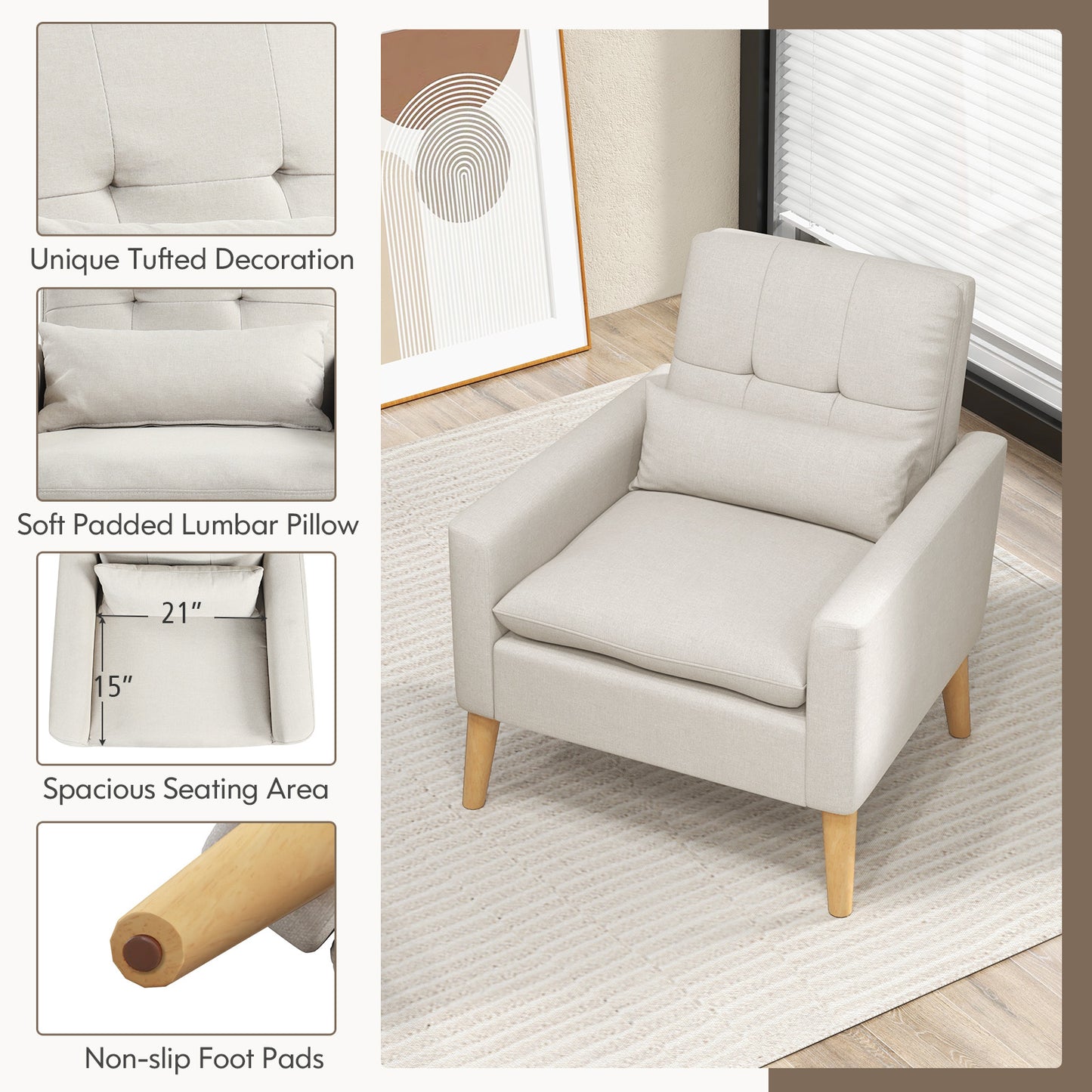 Ergonomic Accent Chair with Lumbar Pillow, Rubber Wood Legs, and Padded Cushions – Beige