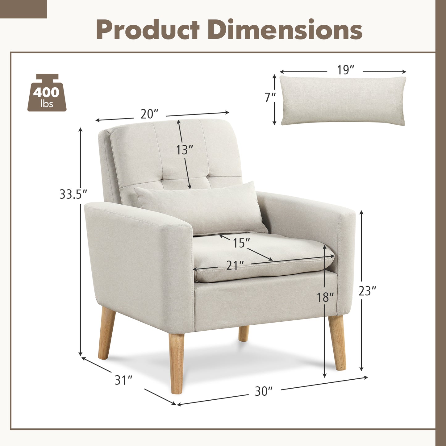 Ergonomic Accent Chair with Lumbar Pillow, Rubber Wood Legs, and Padded Cushions – Beige