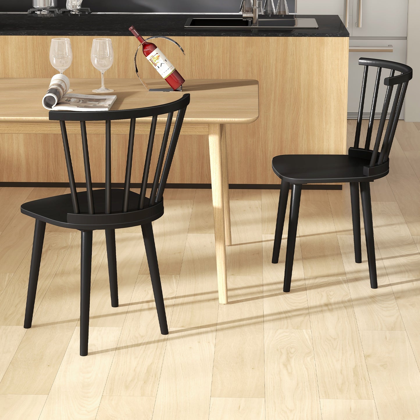 Set of 2 Windsor Dining Chairs with Spindle Back and Rubber Wood Frame - Black Finish