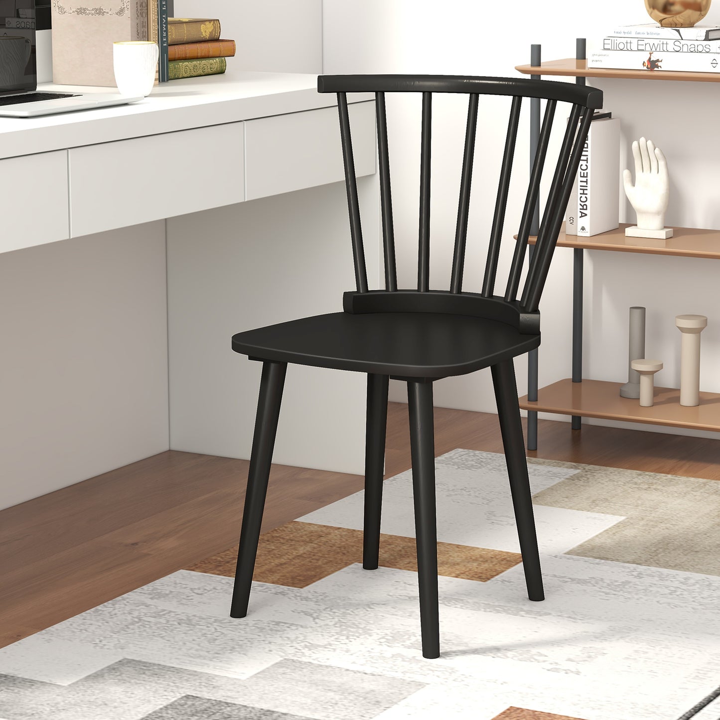 Set of 2 Windsor Dining Chairs with Spindle Back and Rubber Wood Frame - Black Finish