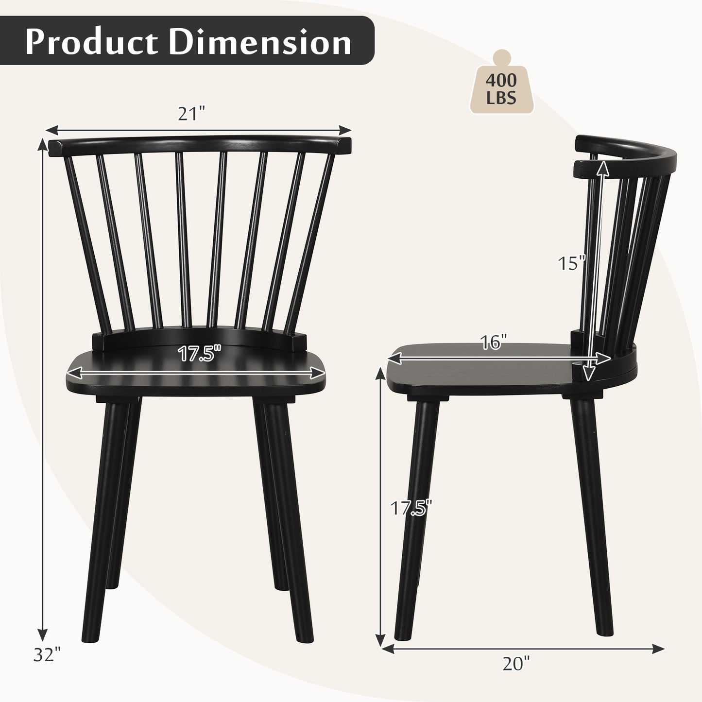 Set of 2 Windsor Dining Chairs with Spindle Back and Rubber Wood Frame - Black Finish