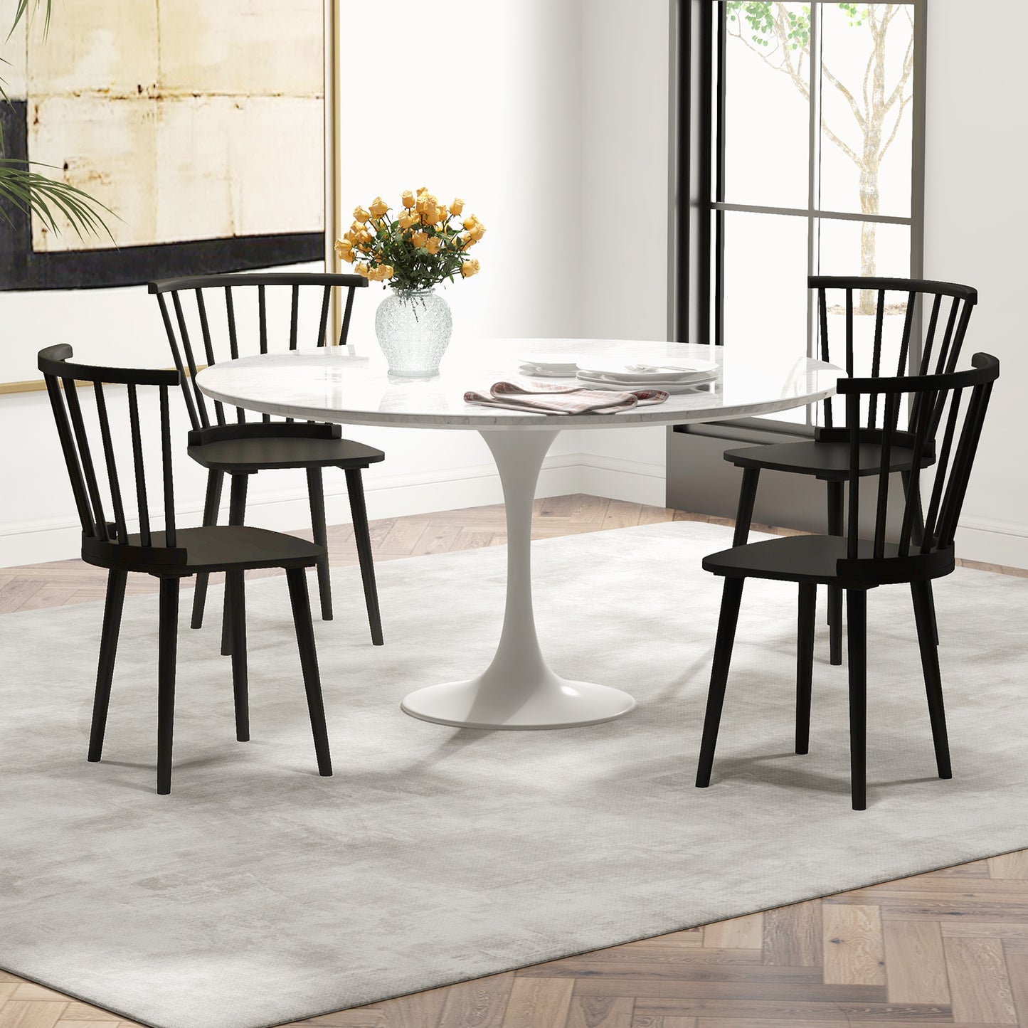 Set of 2 Windsor Dining Chairs with Spindle Back and Rubber Wood Frame - Black Finish