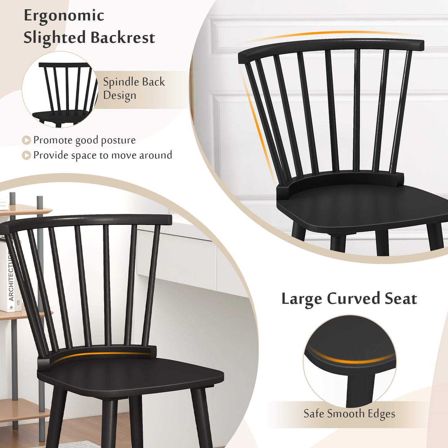 Set of 2 Windsor Dining Chairs with Spindle Back and Rubber Wood Frame - Black Finish