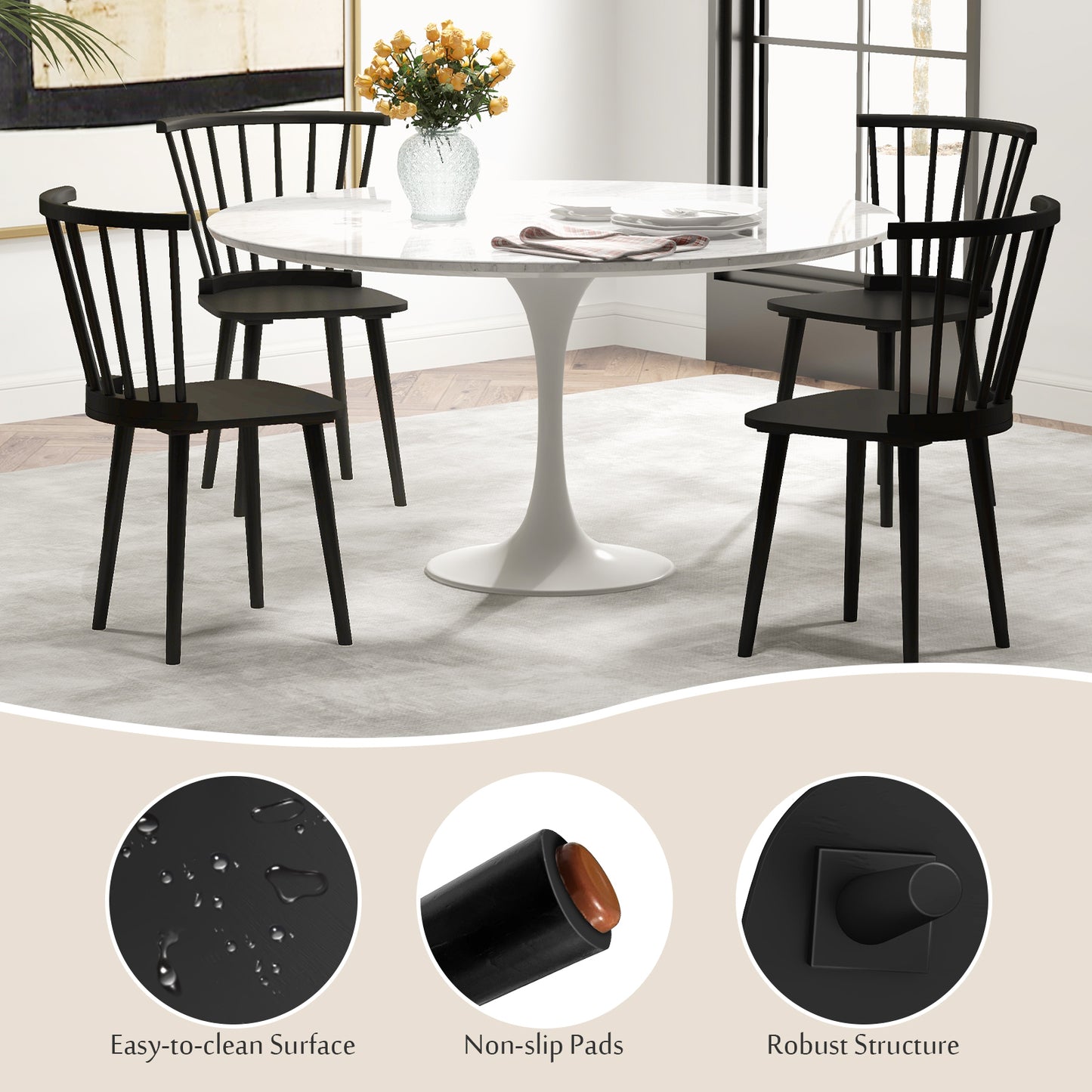 Set of 2 Windsor Dining Chairs with Spindle Back and Rubber Wood Frame - Black Finish